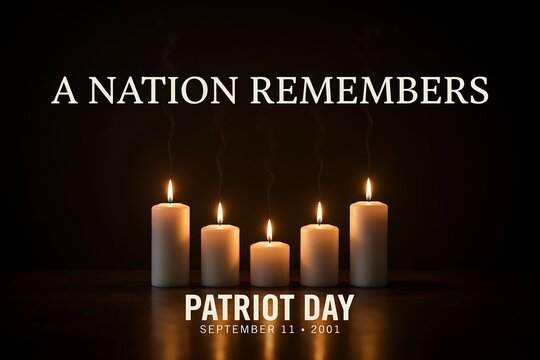 Patriot day remembrance graphic with five white candles glowing against dark background suitable for solemn memorial event commemorations for september eleventh 2001.