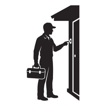 Handyman stands at the front entrance of a house while holding a toolbox to request repair access.
