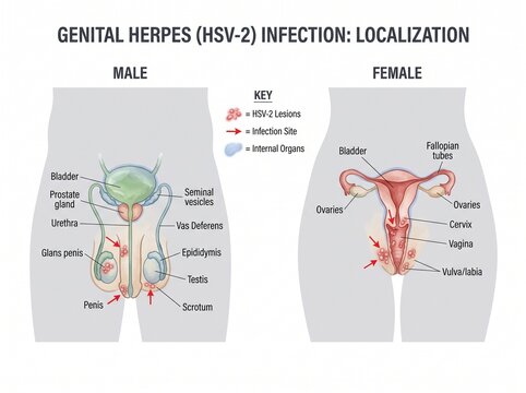Genital Herpes HSV2 infection localization infographic layout showing internal reproductive organs anatomy on male and female body silhouettes. Affected areas with lesion vector illustration, vector