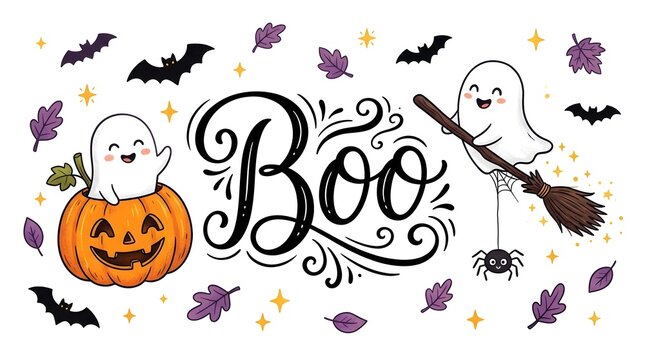 Cute halloween illustration with ghosts, pumpkin, bats, and leaves