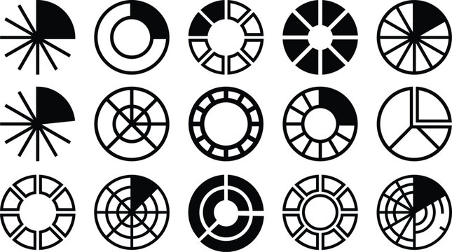 Set of various circular diagrams and pie charts with different segments for business data visualization and analysis