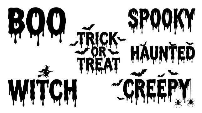 Set of halloween text designs with dripping effect and spooky elements