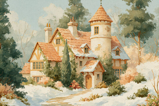 Charming fairytale cottage with a prominent tower and red roof nestled in a gentle, snow covered winter landscape, evoking serenity