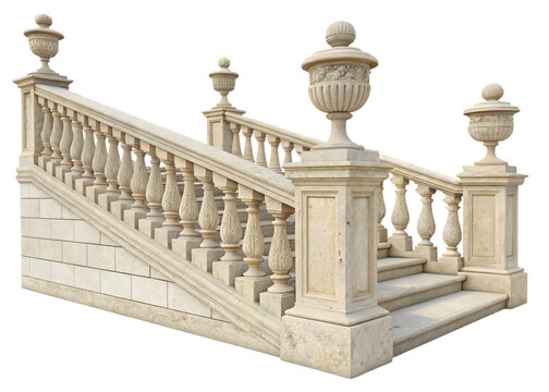 Classic stone staircase with elegant balustrades and decorative pillars isolated on transparent background