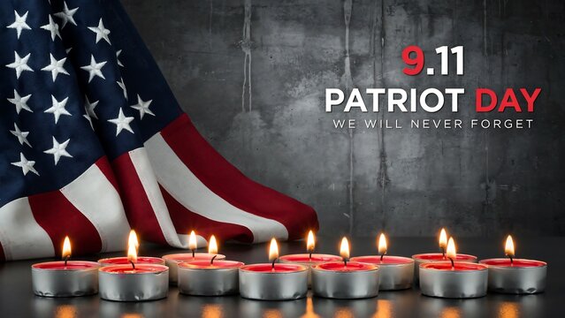 Patriot day memorial banner featuring american flag and burning tea light candles on dark textured background for respectful remembrance of september eleventh events.