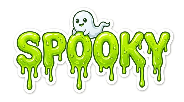 Spooky text design with a cute ghost character and green slime effect, perfect for halloween decorations, stickers, and festive apparel prints