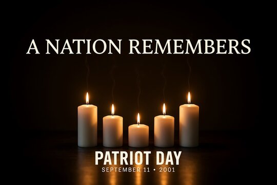 Patriot day remembrance graphic with five white candles glowing against dark background suitable for solemn memorial event commemorations for september eleventh 2001.