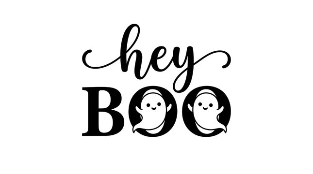 Hey boo typography design with cute ghost illustrations inside the letter o, perfect for halloween crafts, tshirts, and seasonal decorations