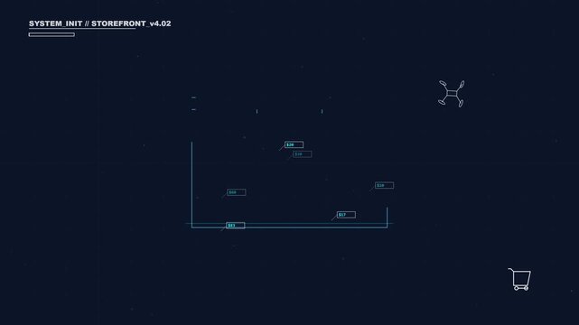 Minimalist digital wireframe storefront interface animation with pricing data