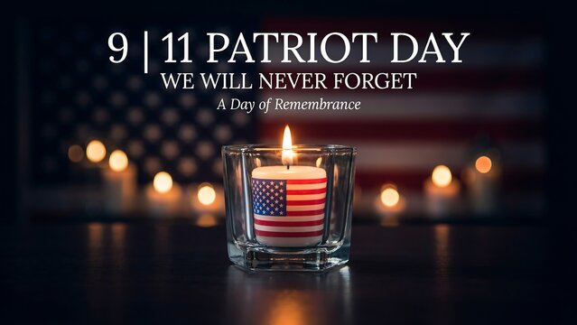 Patriot day memorial candle with american flag background illuminates dark space to honor victims during annual september eleventh remembrance ceremony reflection.