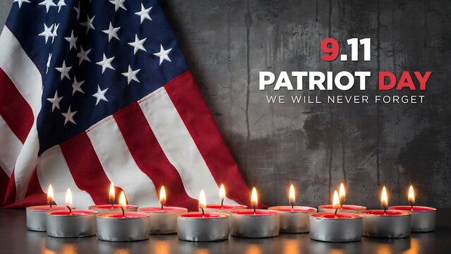 Patriot day commemorative scene with row of lit candles and american flag against dark texture wall to honor september eleventh victims in solemn remembrance event.