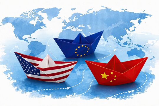 Paper boats with national flags on a blue world map background