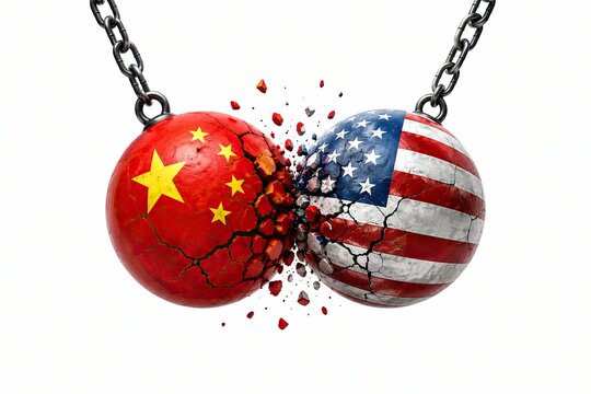 China and usa flag spheres colliding and breaking apart on a chain