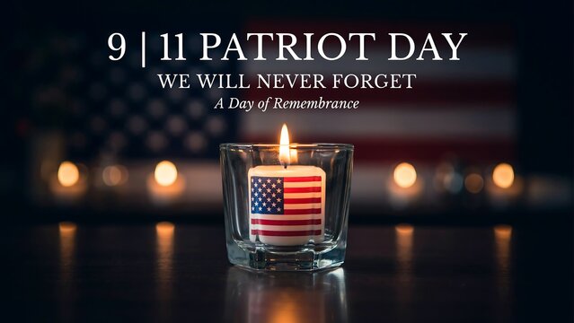 Patriot day memorial candle with american flag background illuminates dark space to honor victims during annual september eleventh remembrance ceremony reflection.