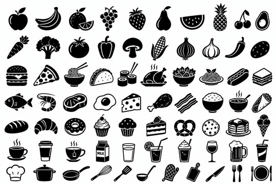 Set of black food and kitchen icons isolated on a white background