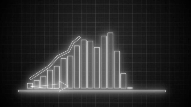 Neon glowing bar chart with rising line overlay stylized retro futuristic data visualization animation