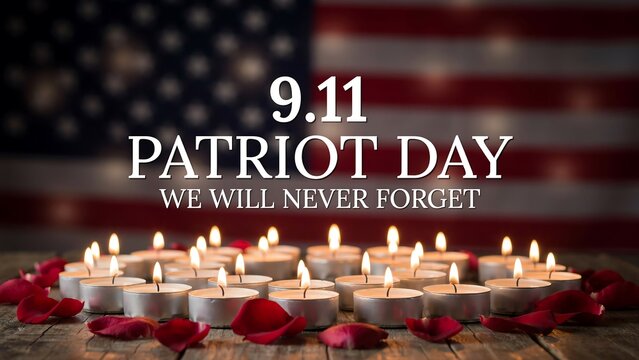 Patriot day memorial candle tribute features glowing tealights with red rose petals and american flag background for annual remembrance ceremony event graphics.