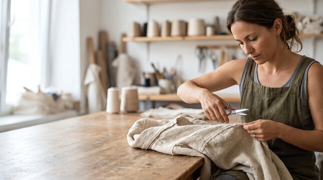 artisan cutting thread with scissors on linen cloth in craft workshop studio