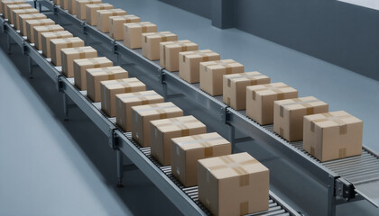Fototapeta premium Rows of brown cardboard boxes on industrial conveyor belts