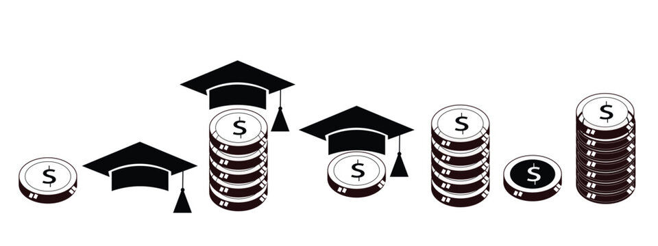 Graduation hats and coin stacks representing education investment student loan and tuition fee concept