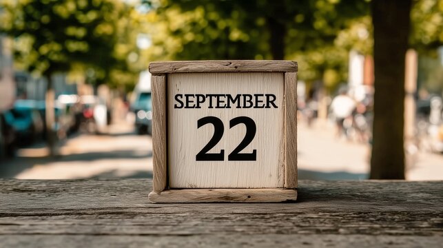 Wooden September 22 Calendar on a Sunny Tree-Lined City Street