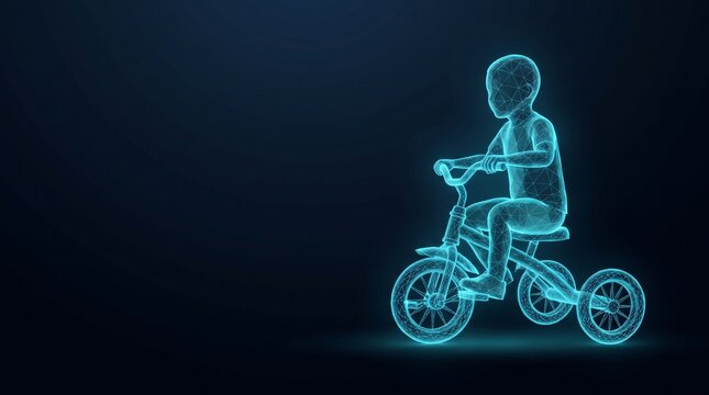 Digital wireframe illustration of a child riding a tricycle glowing with blue light nodes tricycle wireframe illustration futuristic technology hologram