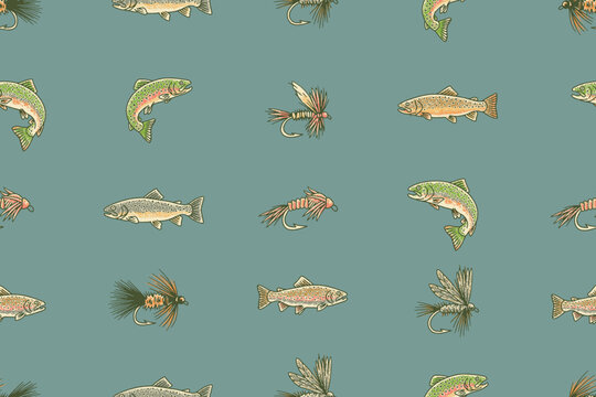 artificial fly illustration trout graphic fish design seamless vintage pattern icon