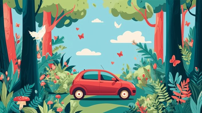 Red compact car on a path in a lush illustrated forest