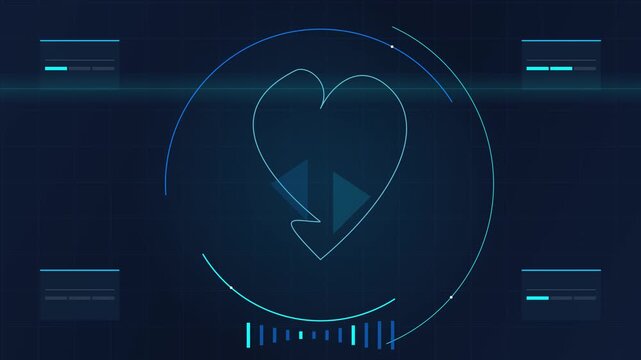 Futuristic sci fi hud interface with glowing heart symbol and data graphs