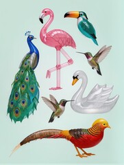 Naklejka premium A sophisticated collection of beautiful birds recreated entirely from transparent inflatable plastic, featuring peacock, flamingo, kingfisher, hummingbird, swan, toucan and golden pheasant
