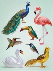 Naklejka premium A sophisticated collection of beautiful birds recreated entirely from transparent inflatable plastic, featuring peacock, flamingo, kingfisher, hummingbird, swan, toucan and golden pheasant