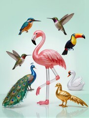 Naklejka premium A sophisticated collection of beautiful birds recreated entirely from transparent inflatable plastic, featuring peacock, flamingo, kingfisher, hummingbird, swan, toucan and golden pheasant