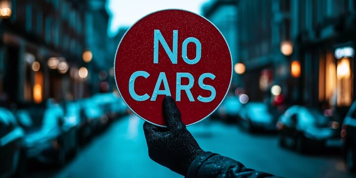 Hand holding red No Cars sign on a blurred urban street