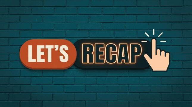 Let's Recap text on digital buttons, summary call to action graphic, review concept on dark teal brick wall background