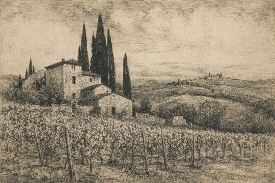 Antique sepia etching of a vineyard estate framed by tall cypress trees and rolling hills, for wine labels, travel brochures, and wall art