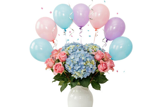 Bouquet of pink roses and blue hydrangeas in a white vase with pastel balloons and confetti isolated on a transparent background