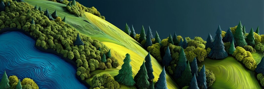 Stylized Green Forest Hills and Blue Lake Panoramic Landscape