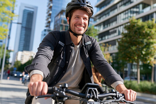 Man smiles while cycling through city streets. Helmet protects head as he enjoys ride. Modern buildings frame background with green trees. Urban commuters may feel inspired by his cheerful pace
