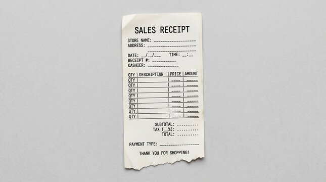 Blank sales receipt template for retail business financial tracking.
