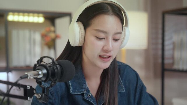 Podcast digital creator home studio microphone headset woman recording audio at tidy desk, focused on production with soft light and modern gear for remote work, calm engaged insights, casual denim