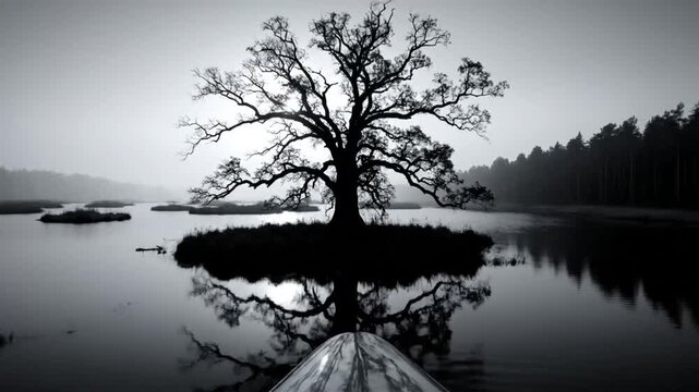 Black and White Peaceful Scenery of an Ancient Tree on a Small Island in a Lake at Dawn