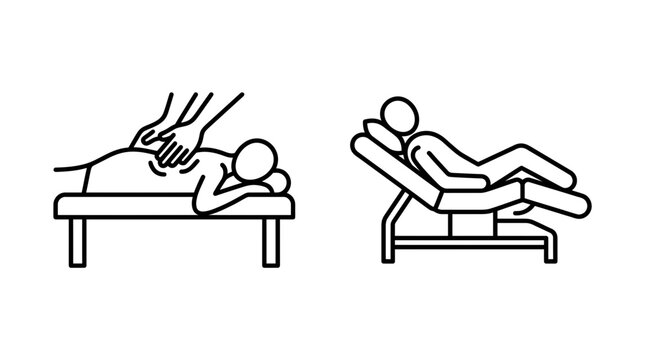 Massage therapy and medical examination bed line vector icons for wellness and healthcare design