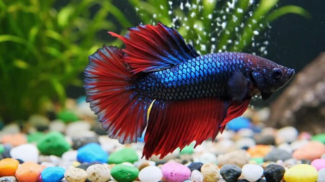 Beautiful colorful betta fish with vibrant blue and red fins swimming gracefully in a freshwater aquarium. The ornamental fish moves above colorful decorative gravel while bubbles rise through the wat