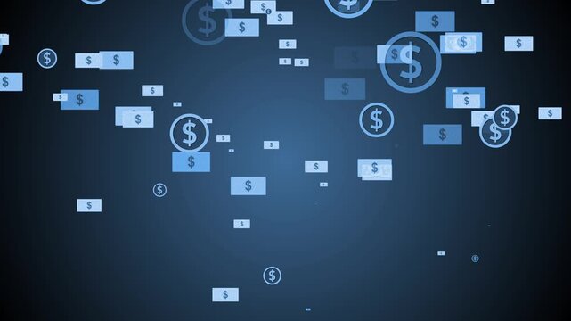 Dark background with scattered rectangular banknote icons and circular dollar symbols animation