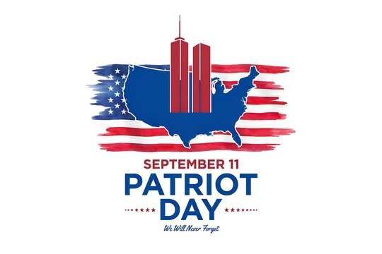 Patriot day graphic featuring world trade center twin towers silhouette over united states map and american flag background for september 11th commemorative events.