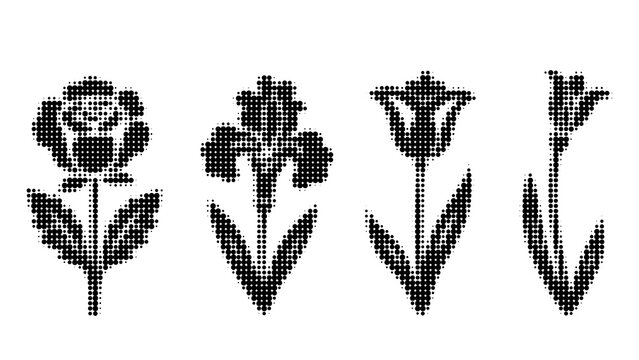 Set of spring flowers in halftone style. Black and white vector silhouettes of rose, iris and tulips made of dots