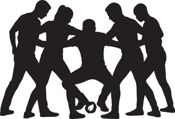 Fototapeta premium Rugby scrum silhouette vector, diverse team of athletes in huddle, competitive sports players action graphic, teamwork and unity concept