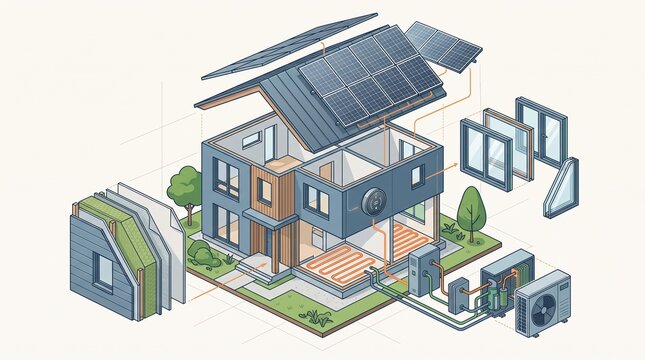 an exploded isometric vector illustration of a sustainable energy efficient house with solar panels