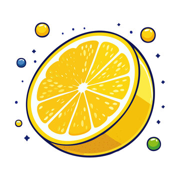 Flat design fresh lemon cut piece with splash dots for refreshing fruit juice commercial layout