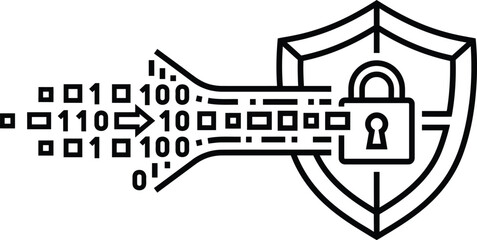 Fototapeta premium Digital data protection icon showing binary code stream entering a secure padlock shield.